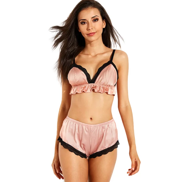 Champagne Basic Satin Bra Set Lace Trims Pajamas Set Nightwear Cute Cami Short Vintage Top Panty Sets