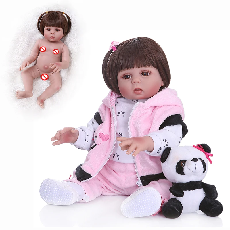 

straight hair 49CM bebe doll reborn toddler doll baby girl in panda dress full body soft silicone realistic baby bath toy