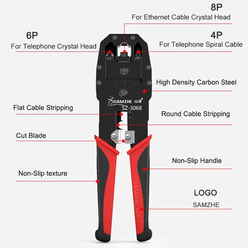 SAMZHE обжимные плоскогубцы для проверки витой пары, телефонной проводки, RJ11/12/45 инструмент для обжимки кабеля для 4 P/6 P/8 P Ethernet и телефон с украшением в виде кристаллов для изготовления головки