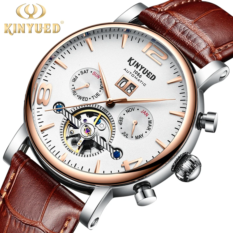 

KINYUED Brand Rose Gold Mens Mechanical Watch Automatic Perpetual Calendar Army Military Skeleton montre homme erkek kol saati