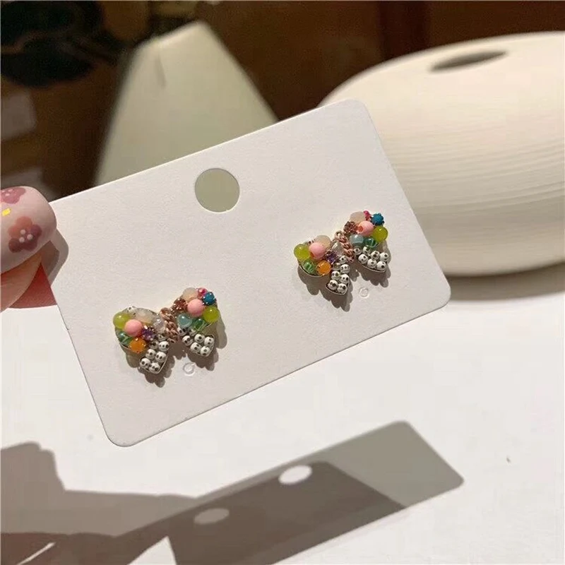 

MENGJIQIAO 2019 New Colorful Crystal Beads Bowknot Cute Stud Earrings For Women Girls Boucle D'oreille Summer Jewelry Gifts