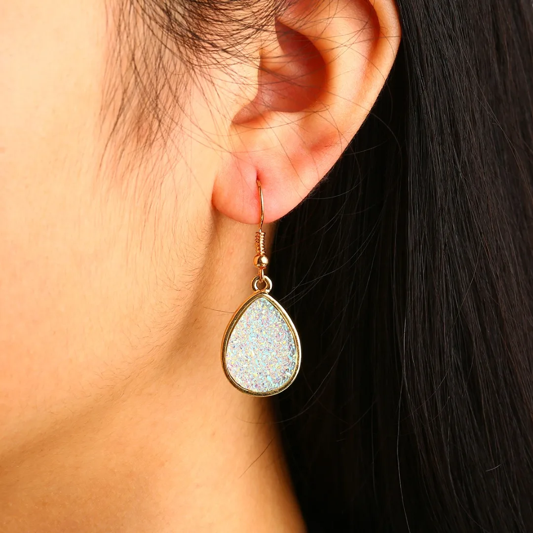 Women Druzy Crystals Teardrop Dangle Earrings Colorful Waterdrop Earrings Simple Drusy Jewelry Femme Brincos 5 Colors