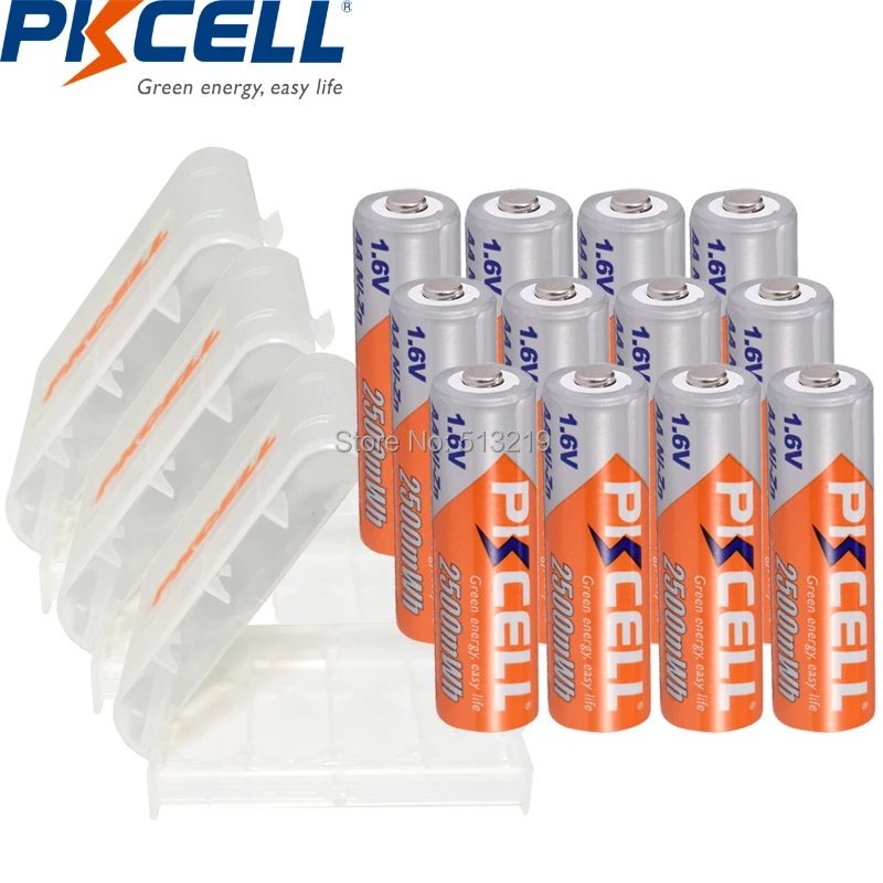 12 шт. PKCELL 1 6 в AA 2500MWH батарея NI ZN аккумуляторные батареи pilas и 3 батарейный ящик