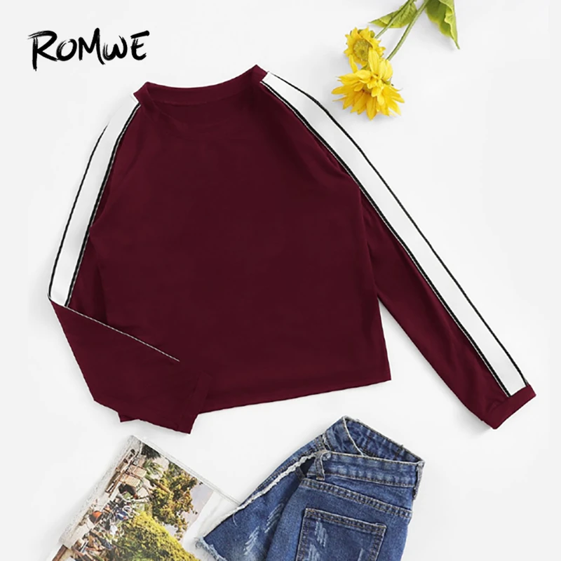 

ROMWE Burgundy Striped Tape Sleeve Tee Casual Round Neck Long Sleeve T Shirt Women Autumn Ladies Clothing Spring Tops