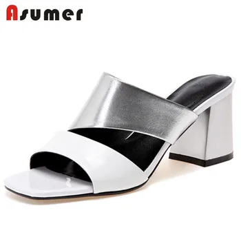 

ASUMER 2020 fashion summer new shoes woman square heel casual mules shoes sandals women genuine leather high heels shoes