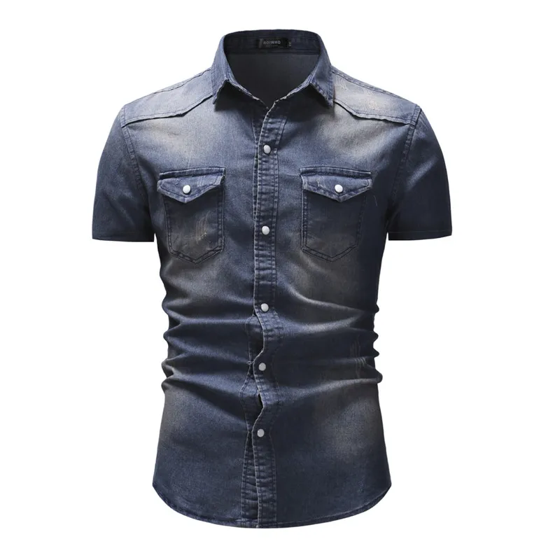 HuLooXuJi Новая мужская джинсовая рубашка летний пляжный стиль короткий рукав Повседневная рубашка с линялым эффектом хлопковые мужские шорты рубашки US Размер: M-3XL - Цвет: dark blue