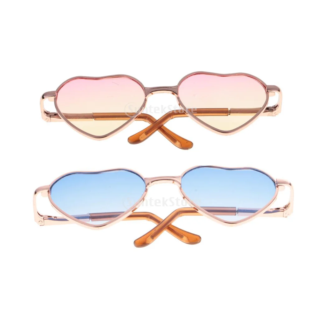 2 Pair Cute Gradient Colored 1/6 Heart Shaped Doll Glasses For 12 inch Blythe Doll Gold Frame, Pink+Blue