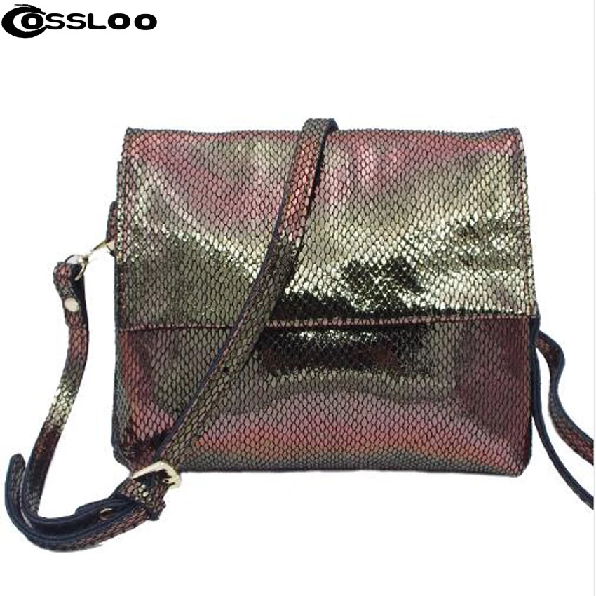 

COSSLOO Hot Fashion Luxury GENUINE LEATHER Shiny Serpentine Gold silver Rainbow Colors Crossbody Real Soft Cow Leather Handbags