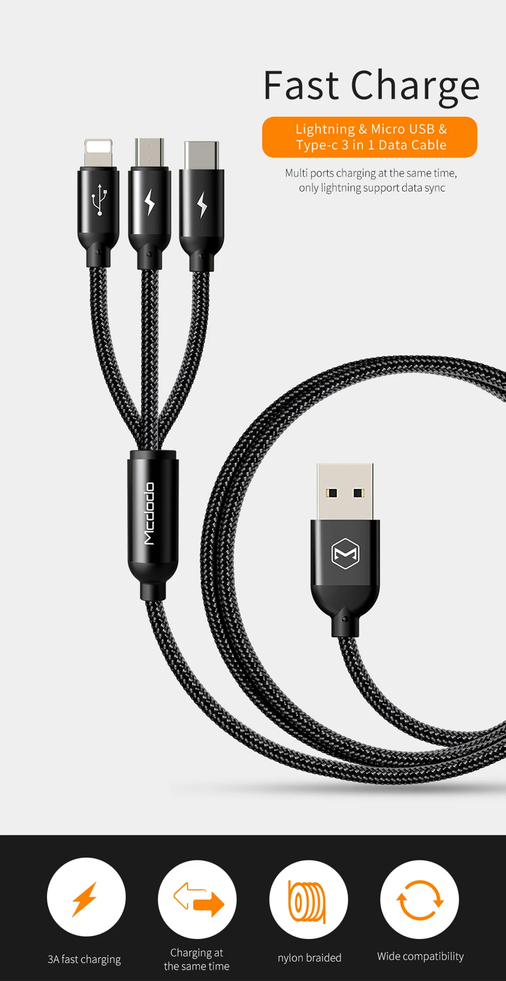 Mcdodo 3 в 1 3A USB кабель для iPhone X 8 7 Зарядка Micro USB кабель Тип C USB кабель для lightning samsung Android мобильный телефон