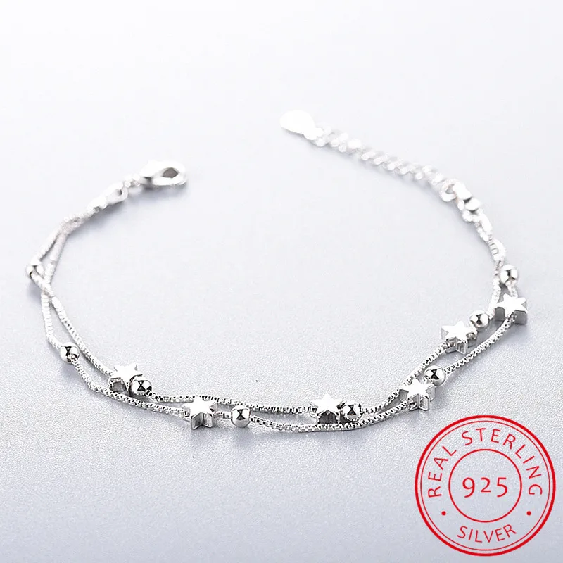 

925 Sterling Silver Star Ball Charm Bracelets & Bangles for Women 925 Silver Women Bracelet Silver Double Layer Chain Bracelet