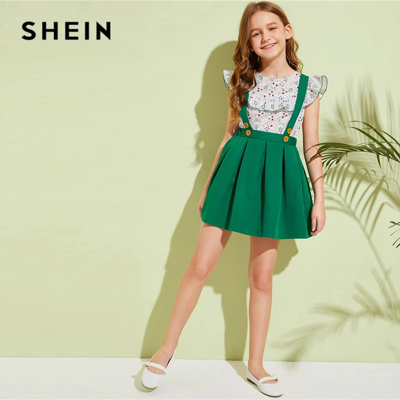 SHEIN/детский топ с рюшами и цветочным рисунком для девочек и плиссированная юбка-сарафан милый комплект г. Летняя одежда с рукавами-крылышками и перекрещивающимися сзади