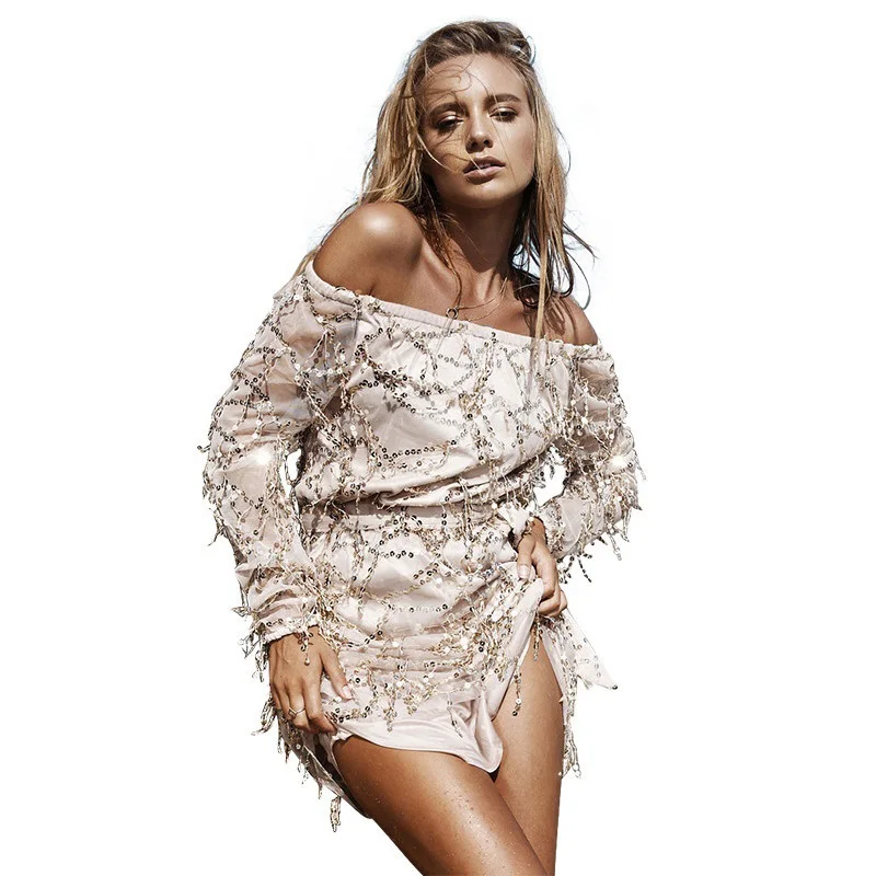 

Sexy off shoulder sequin tassel dress summer 2018 beach party short dress Women backless vintage vestidos