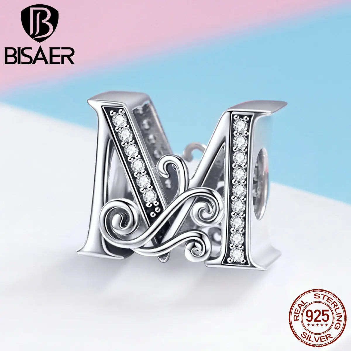 BISAER, распродажа, 925 пробы, серебряные буквы, алфавит М, бусины, амулеты, подходят для шарма, браслеты, серебро 925, ювелирные изделия, изготовление EFC030-M