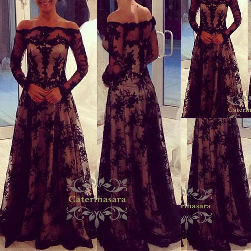 

A Line Off Shoulder Floor Length Satin / Tulle Prom / Formal Evening Dress with Lace Appliques Boat Neckline Custom Made Size