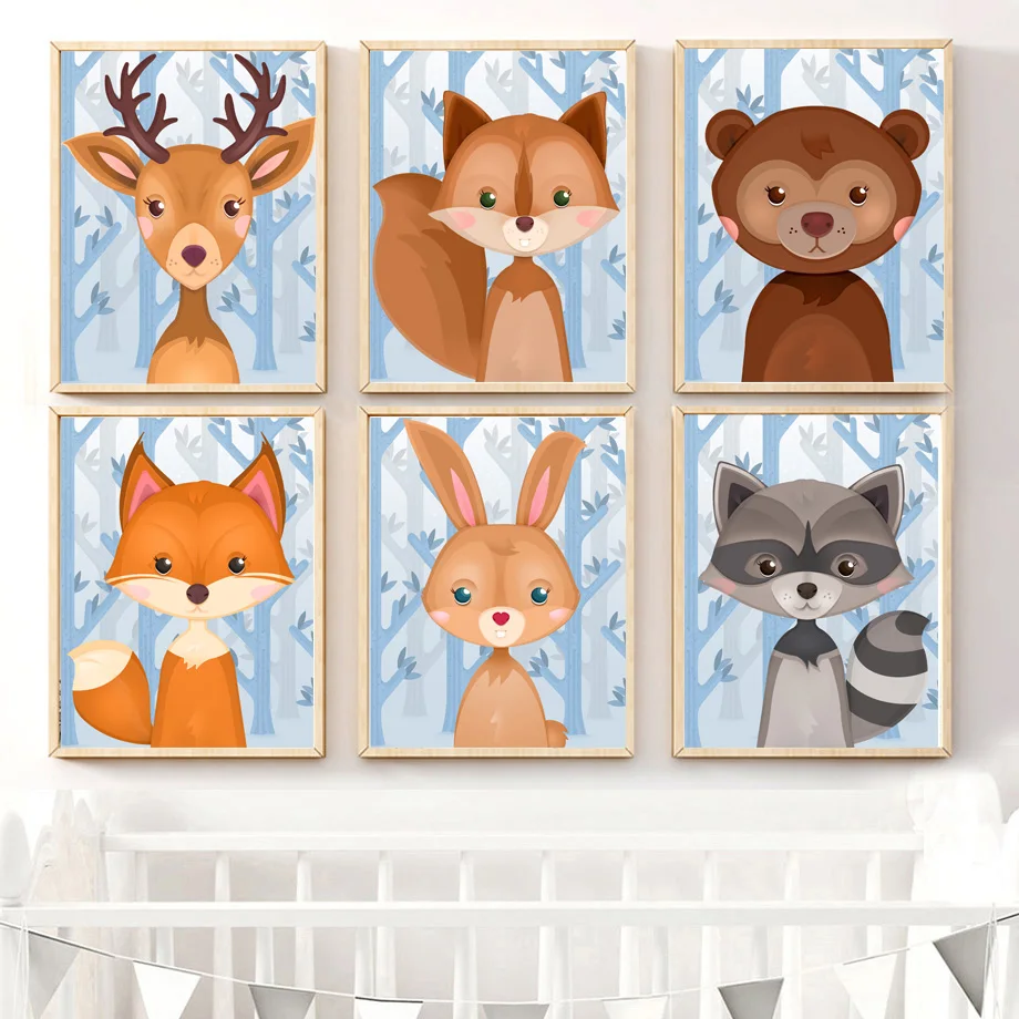 

Fox Deer Rabbit Bear Raccoon Forest Tree Wall Art Canvas Painting Nordic Posters And Prints Wall Pictures Baby Kids Room Decor