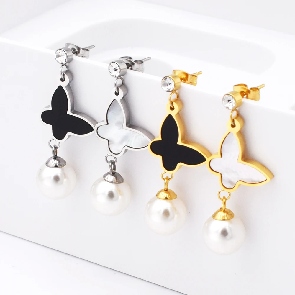 

New Design Women Earring Stainless Steel Butterfly Earrings Women Pearl Earrings For Women Zircon Jewelry Wholesale