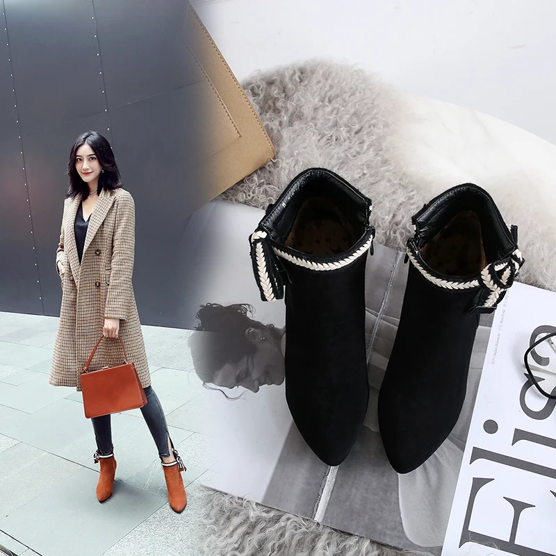 

2018 Plus Size 47 Women 6cm High Heels Ankle Boots Heels Winter Plush Boots Brown Short Boots Lady Suede Stiletto Cute Shoes