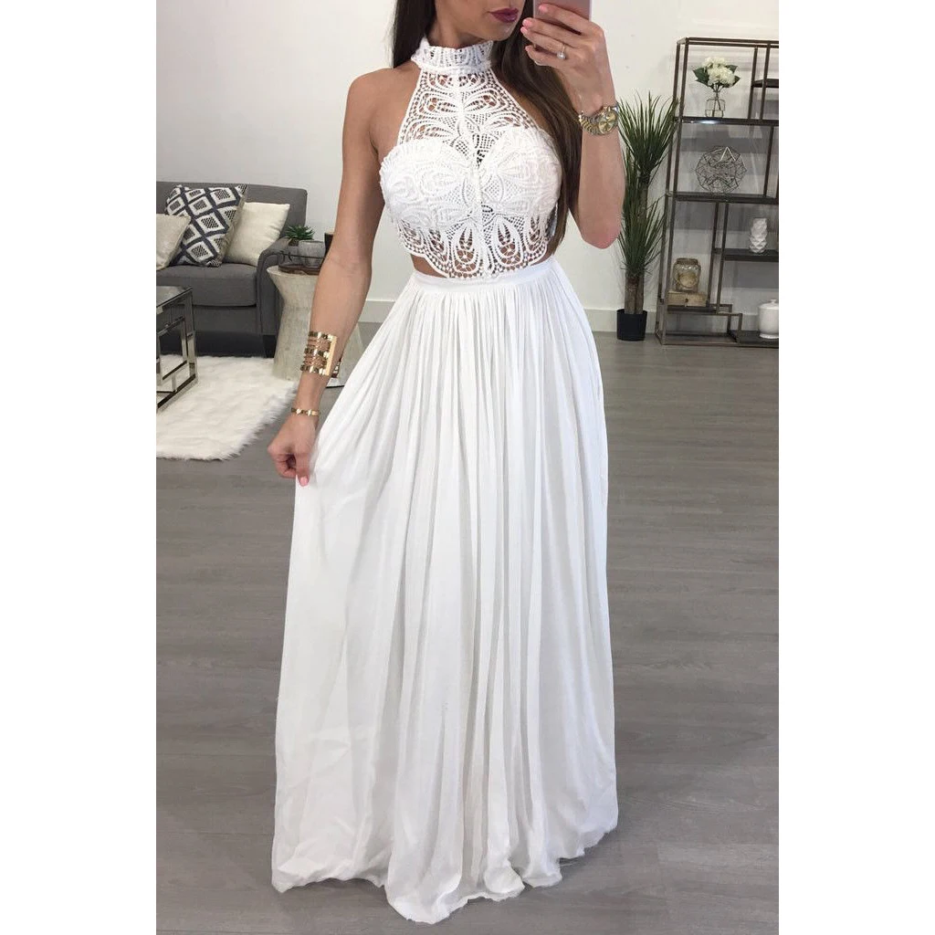 Najtaniej Damskie Boho plaża letnie na co dzień długie suknie wieczorowe Party sukienka w dużym rozmiarze halter koronki bez rękawów vestido elegancki ślub festa ubrania marki
