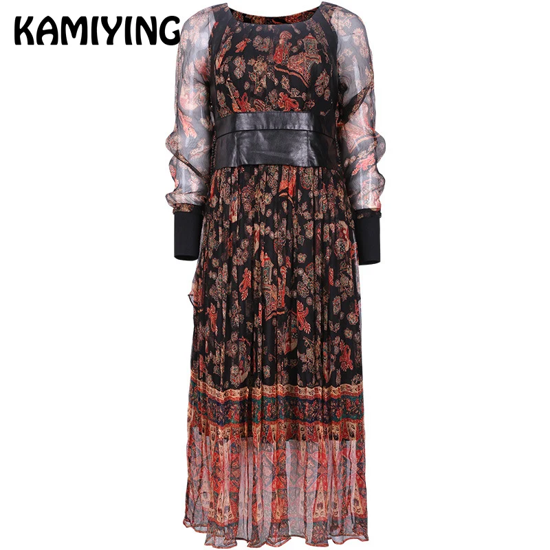 

KAMIYING 100% Real Silk Dress Patchwork Sheepskin Retro Printed Elegant Palace Dresses Maxi Ladies Leather Vestido PKHC538