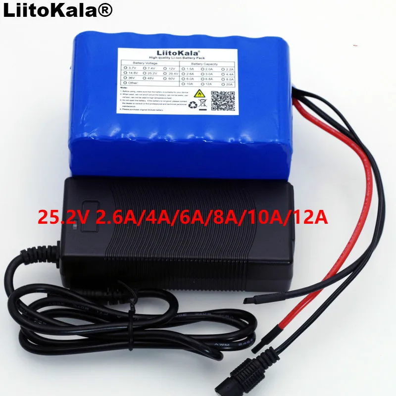

LiitoKala 24V 6s 4A 6A 8A 10A 18650 battery pack 25.2V 12Ah Li-ion battery for bicycle battery 350W E bike 250W motor+Charger