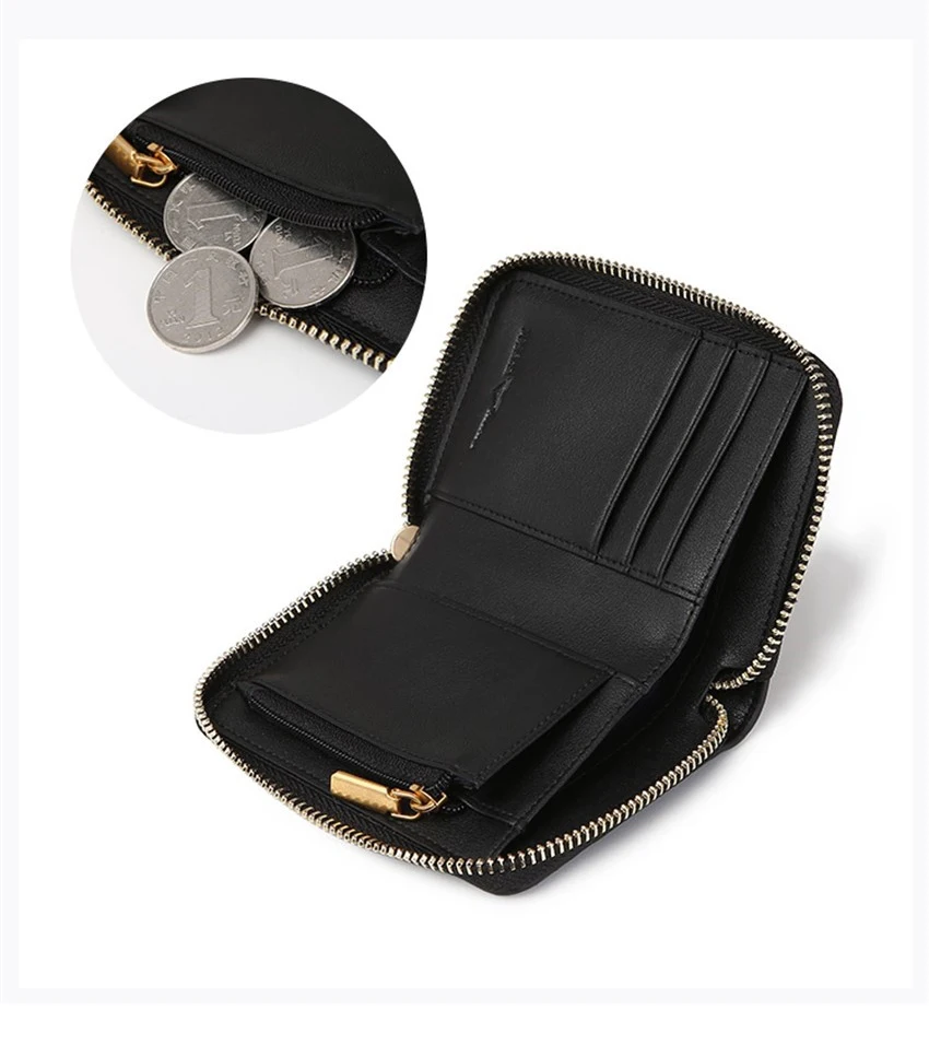 Черный кошелек Для женщин моды натуральная компактный кожаный бумажник дамы женский кошелек на молнии Элитный бренд Для женщин 'S кошелек для карт
