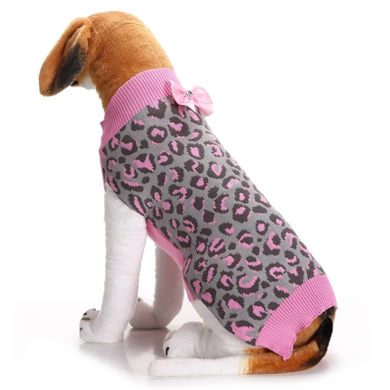 

Autumn/winter Wool Pet Dog Sweaters Pink Leopard Print Bows Knitting Pet Clothes for Small and Medium Dog Clothes
