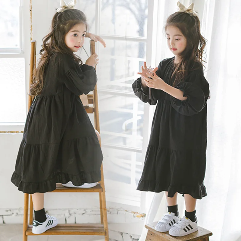 Черное платье для девочек детские свободные повседневные платья из хлопка и льна осеннее длинное платье для подростков Рождественский костюм для девочки от 4 до 16 лет