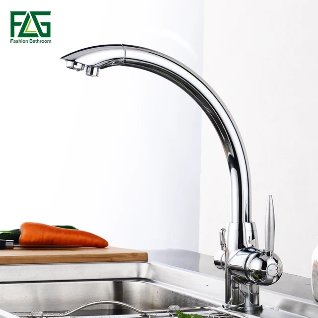 Special Price FLG Kitchen Faucets 360 Degree Rotation with Water Mixer Dual Filter Crane Double Handle Tri Flow 3 Way Water Filter Tap