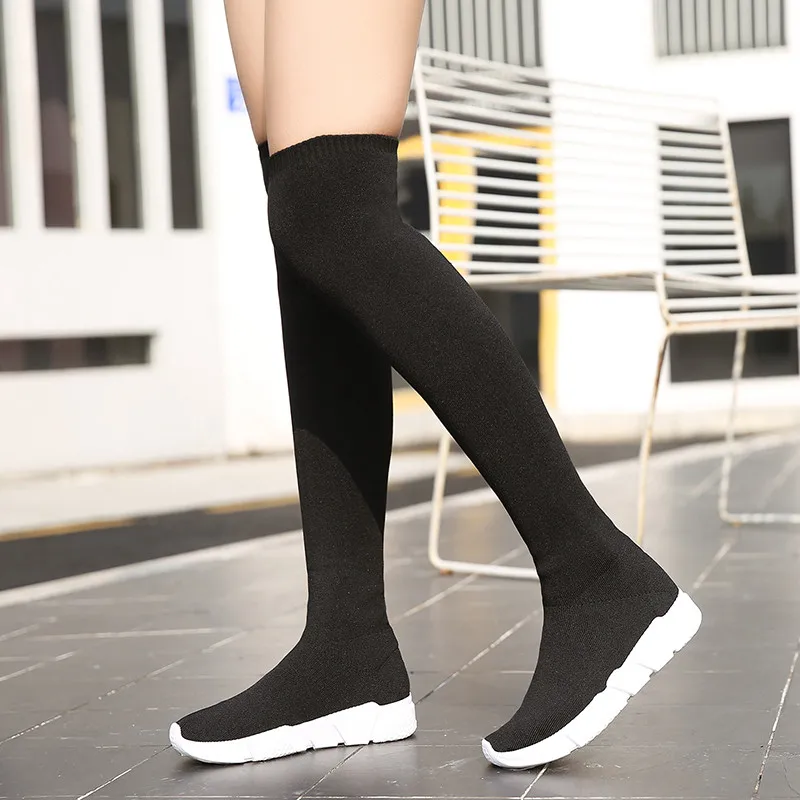 

Women Sock Boots 2018 New Stretch Fabric Shoes Slip On Over the Knee Boots Women Pumps Stiletto Boots For Womens size 35-40