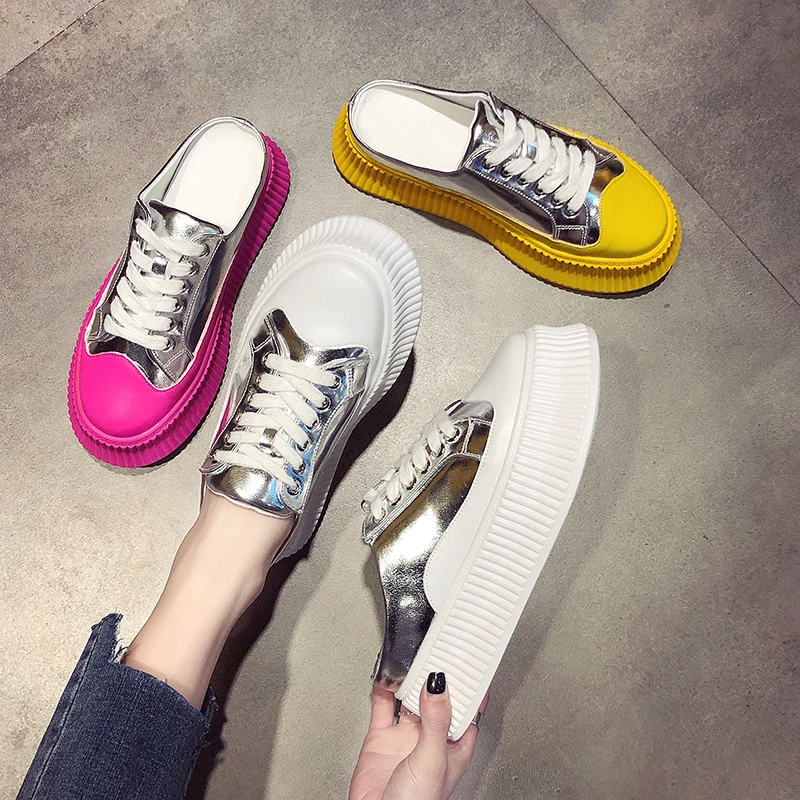 

2019 Women Slippers Half Shoes 2019 Summer Canvas Shoes Fashion Lace Up Female Sneakers Comfortable Slippers Summer Woman Shoes