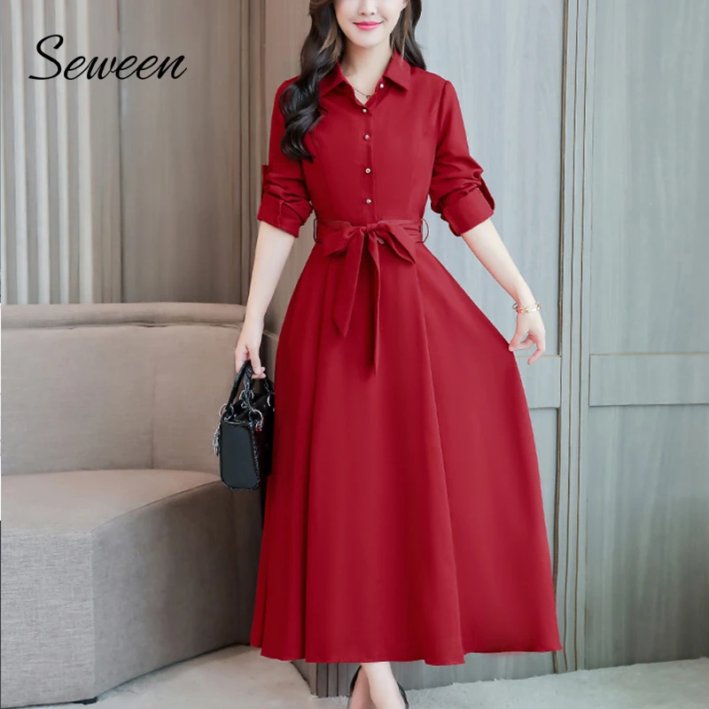 

Plus Size Autumn Dress Women 2018 Fashion High Waist Long Sleeve Long Dress Turn-down Collar Women Dresses Black Green Red Blue