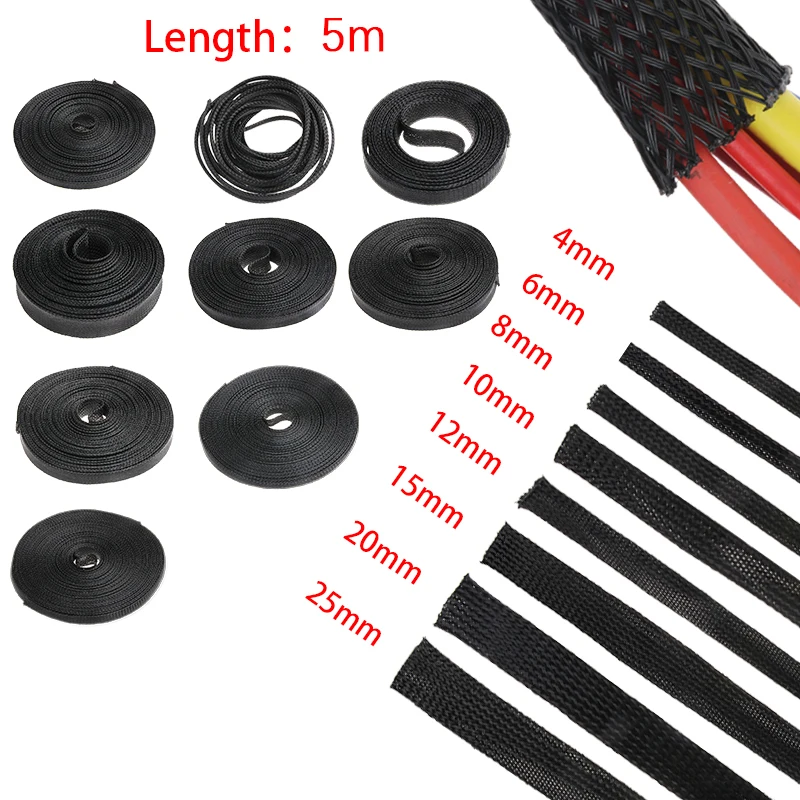 

5M 4/6/8/10/12/15/20/25mm Black Insulation Braided Sleeving Tight PET Expandable Cable Sleeve Wire Gland Cables protection