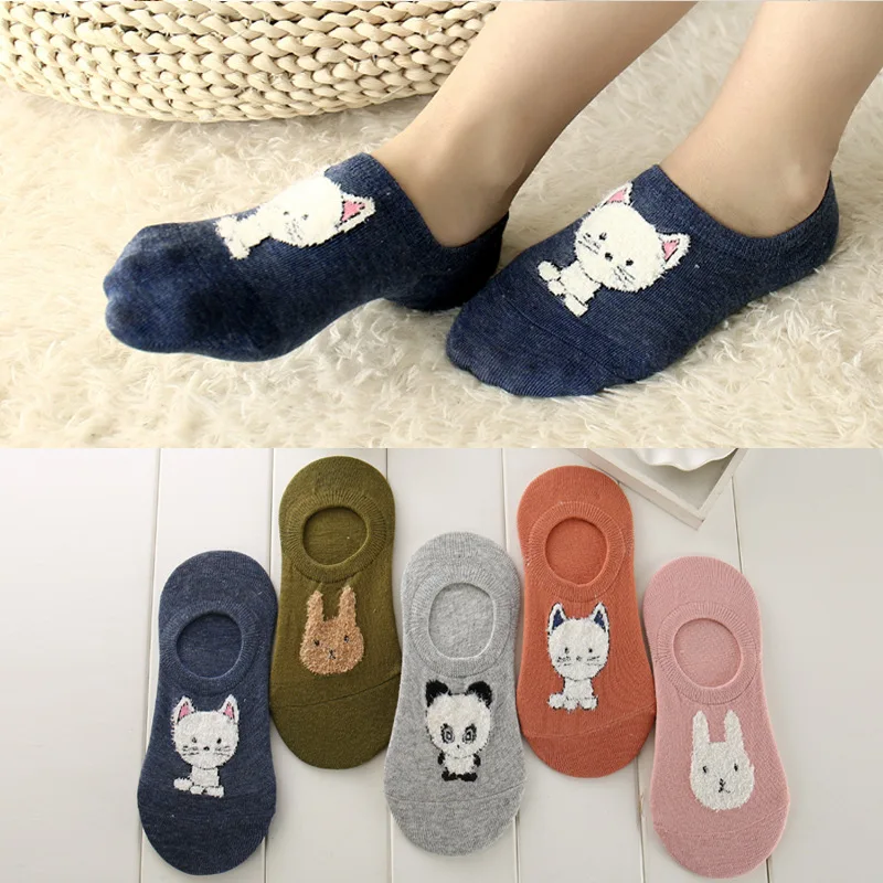 5 Paris/lot Cotton Women Invisible Socks Cute Cat Bunny Slippers Sock