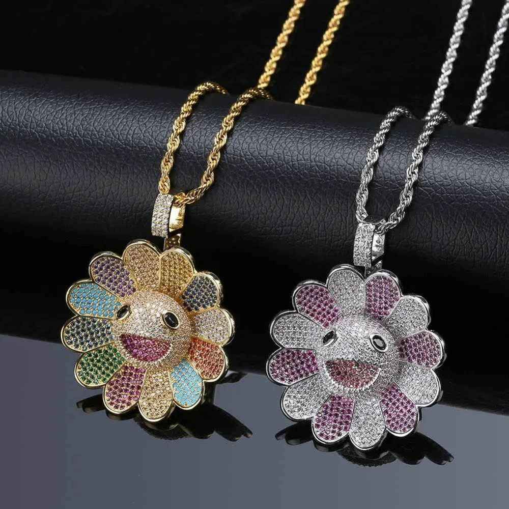 

New Luxury Hip Hop Men's Rotatable Sunflower Necklace & Pendant Iced Out Tennis Chain Bling Bling CZ Womens Necklaces Jewelry