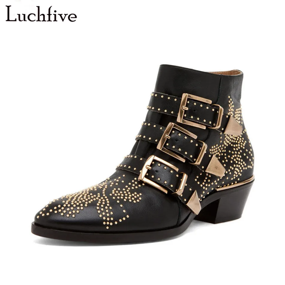 

2018 Leather Rivets studded Patch Floral Booties Buckle Straps Med Heels Ankle Boots for women Motorcycle Riding Boots shoes