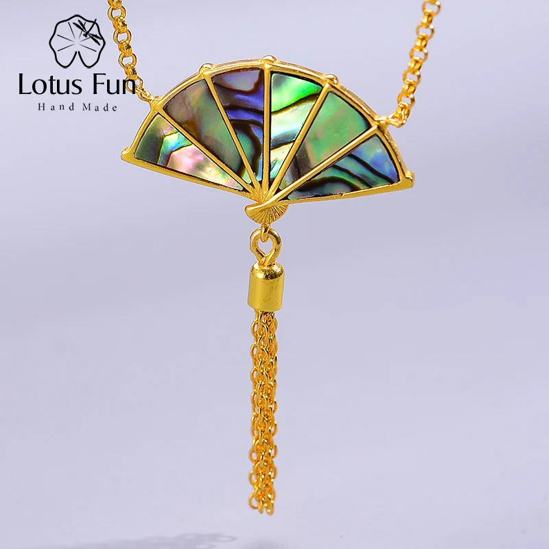 Lotus Fun Настоящее 925 пробы серебро ручной работы дизайнерские оригинальные ювелирные изделия складной веер и кисточка подвеска на ручку ожерелье для женщин