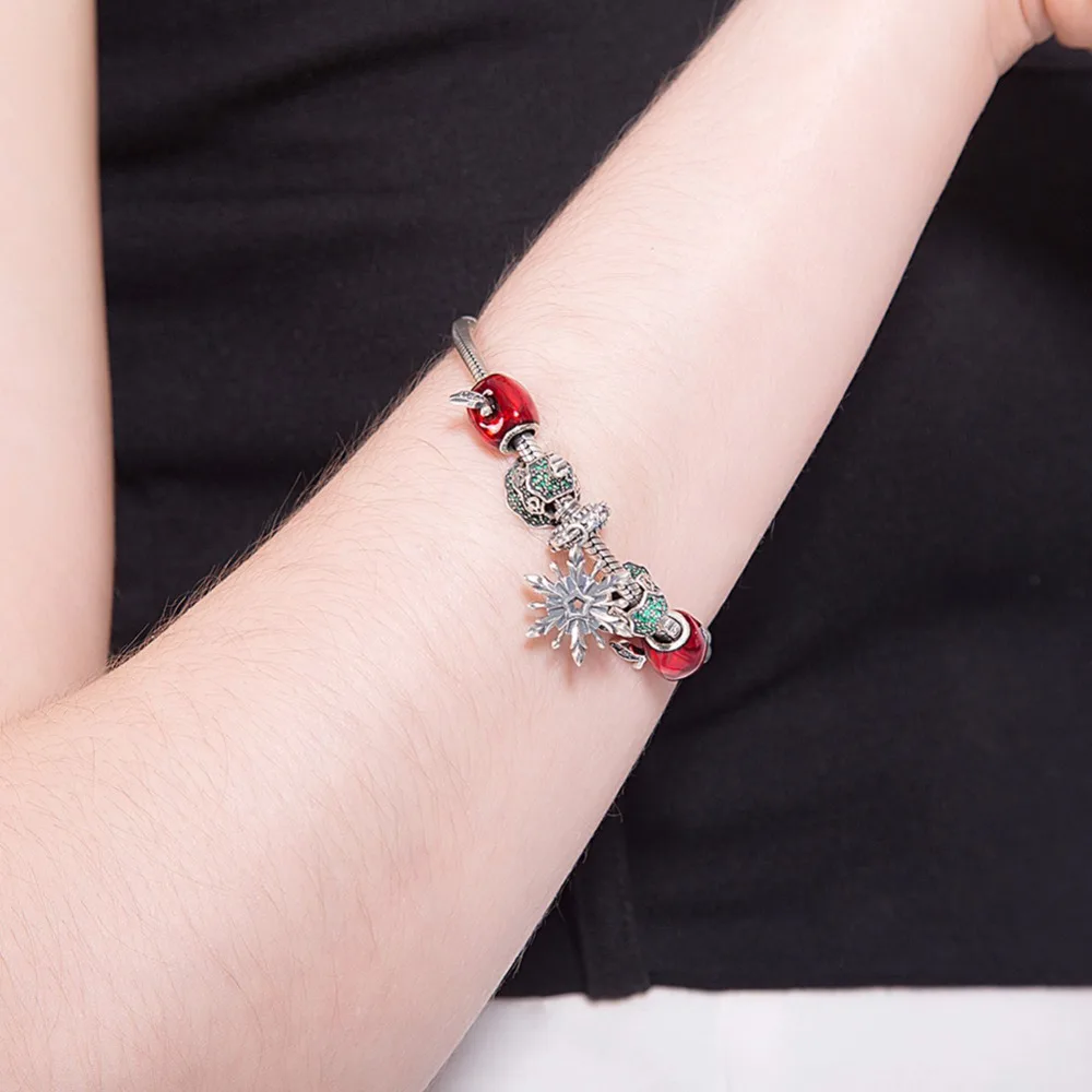

Robira 925 Sterling Silver Crystal Charm Bracelets for Women Red Christmas Tree Lucky Beads Bangles Love DIY Jewelry Bracelet
