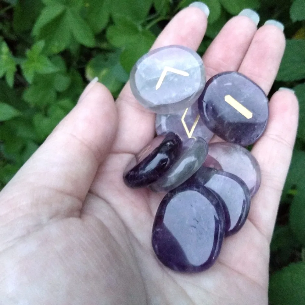 25 шт. натуральный аметист рун камни набор выгравированы надпись Wiccan языческие амулеты нордическая Руна и бесплатный мешочек торговля