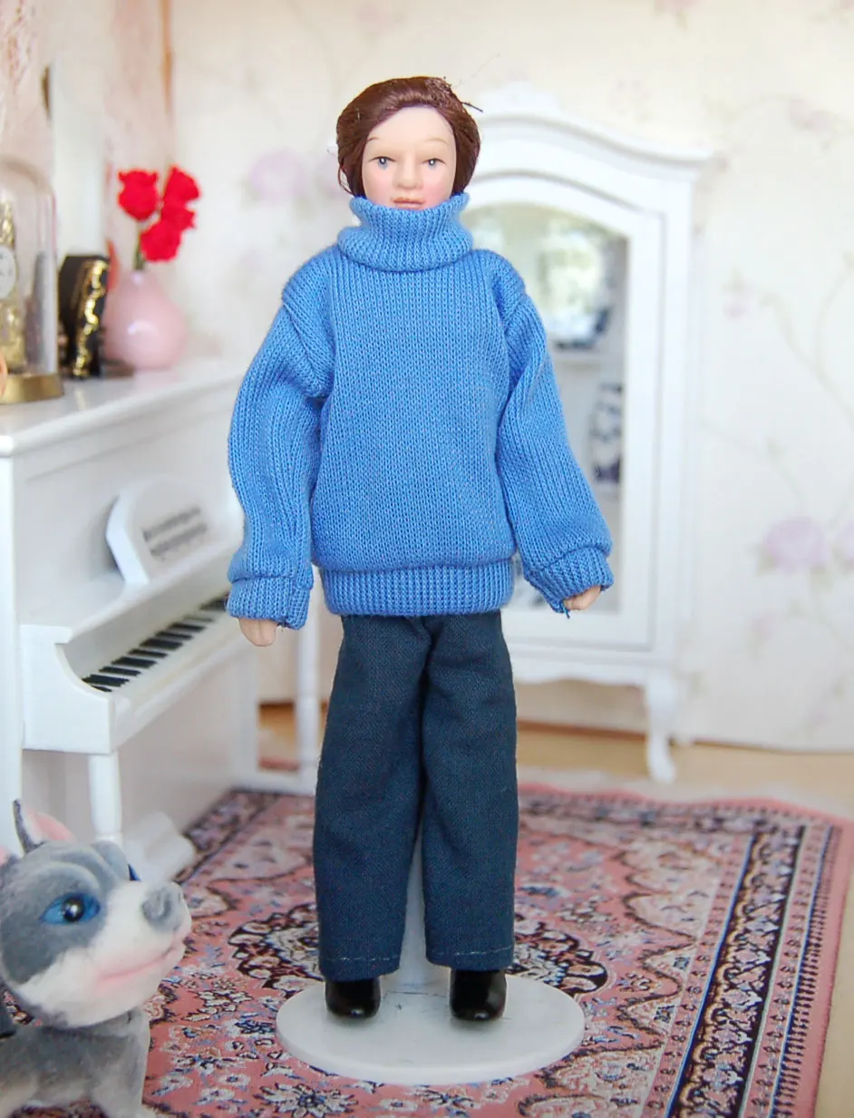 

6.7" 1:12 Dollhouse miniature Mini Dolls brown hair Blue sweater Young Man