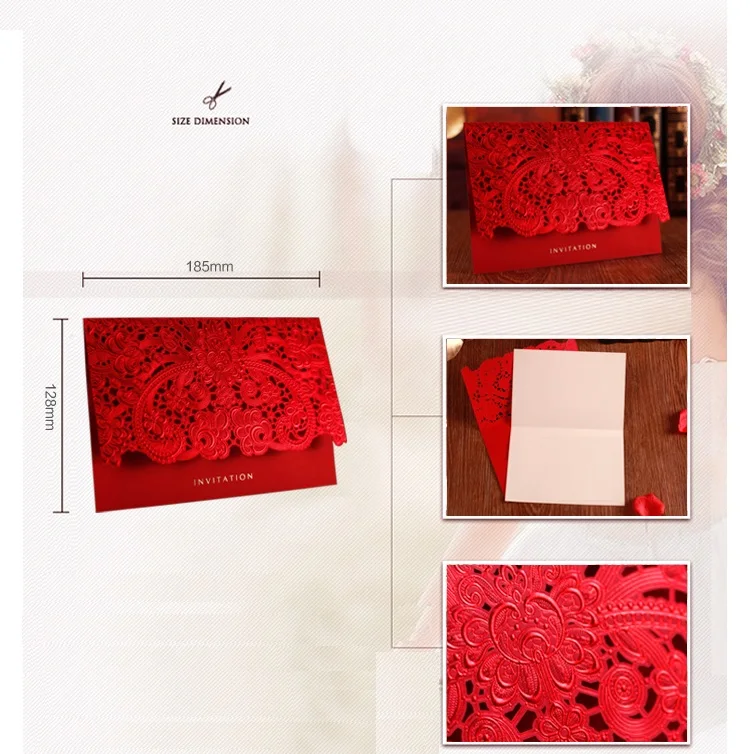 Розовые/красные/золотые свадебные открытки для гостей с бесплатной печатью, подарочная карта, элегантная лазерная резка, бумага для свадебных приглашений, 50 шт