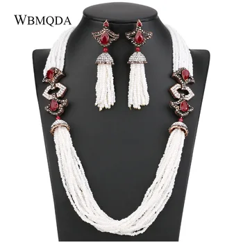 

2 Pcs/lot Luxury African Beads Jewelry Set Vintage Red Stone Long Tassel Statement Necklace Earrings For Women