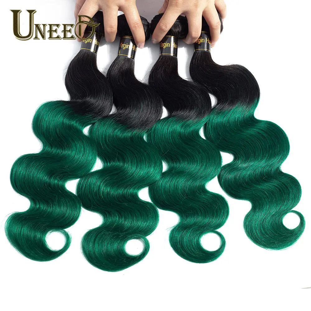 

Uneed Ombre T1B/Green Peruvian Body Wave Bundles 1/3/4 Pcs No-Remy Human Hair Weave Bundles Dark Roots Two-tone Hair Extensions