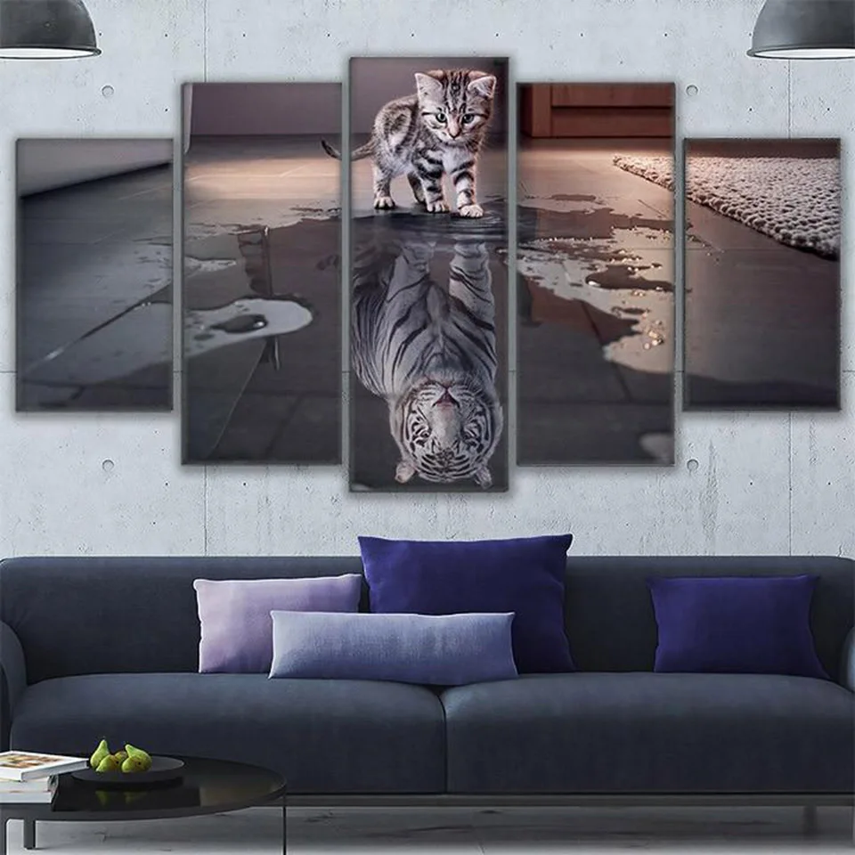 Картина на холсте, настенная художественная рамка для гостиной, Скандинавское украшение, 5 панелей, животное, кошка, Куадрос, тигр, Модульная картина, плакат