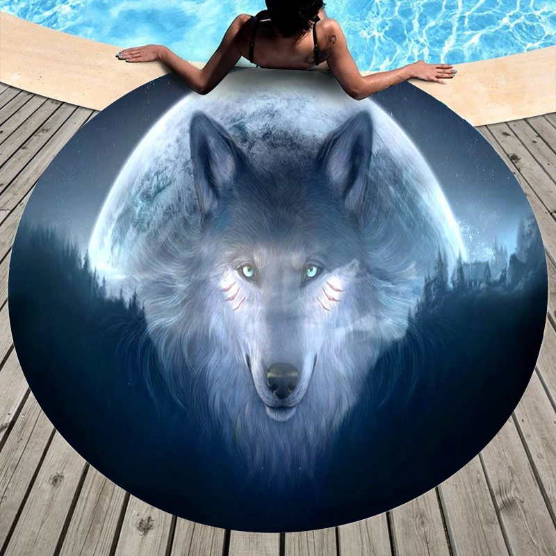 

Snow Mountain Wolf Dog Beach Towel Silk Scarf Shawl Bathroom Bath Towel Blanket Large Round Fabric Dress with Print of Kichen