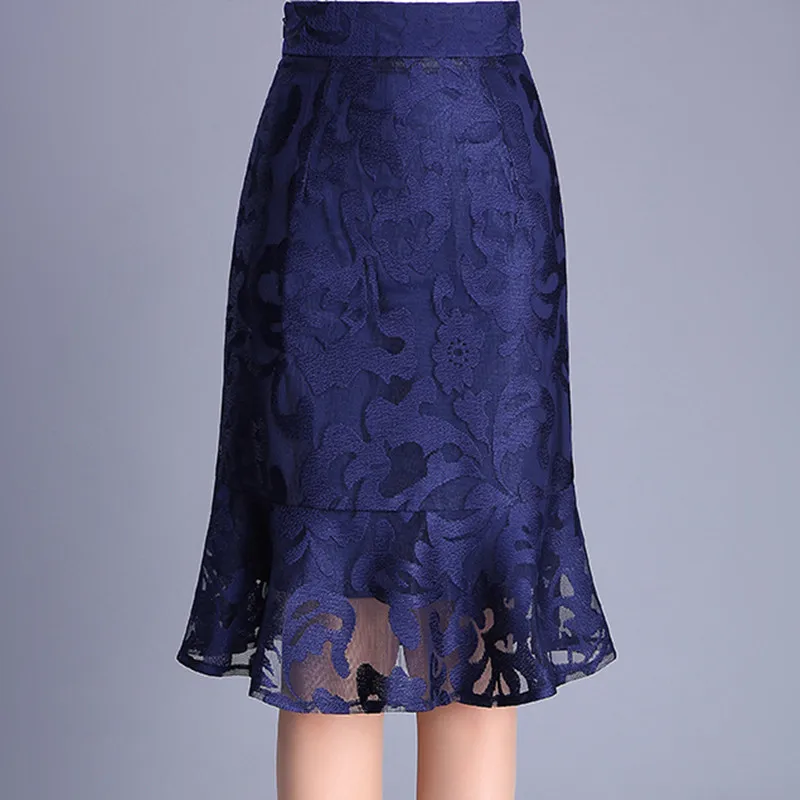 

Women Spring Summer Fashion Elegant Blue Color Mermaid Skirt Lace Buttock Skirt WXH-130