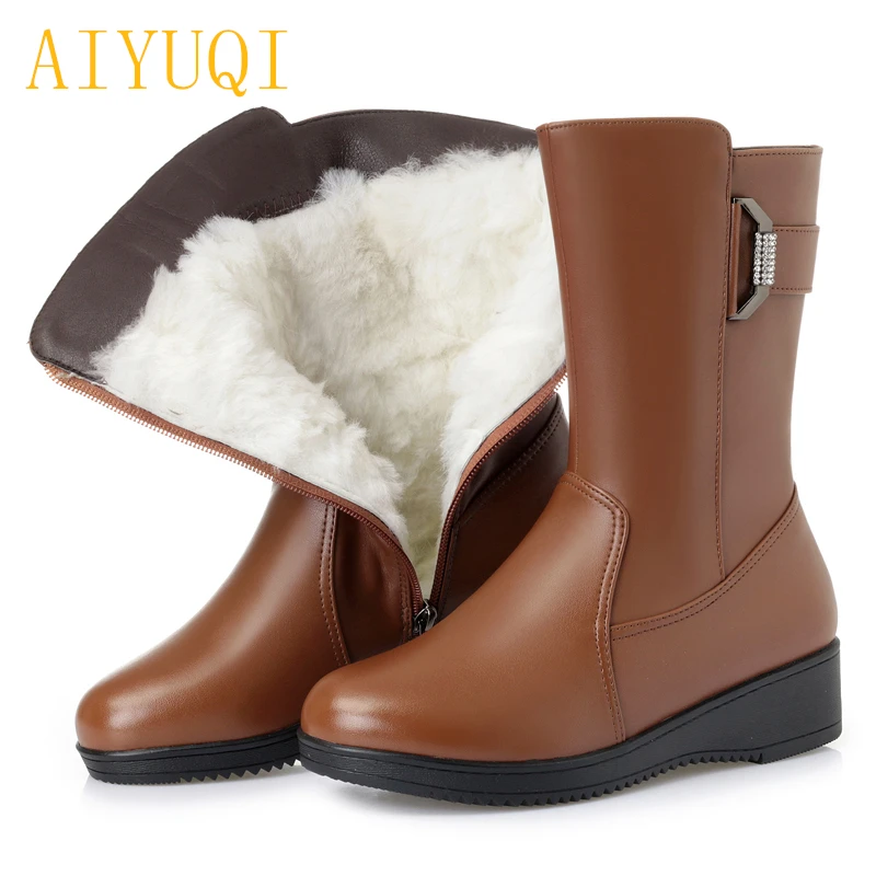 

AIYUQI Female snow boots winter 2019 genuine leather female flat boots, big size 41 42 43 thick natural wool boots women shoes