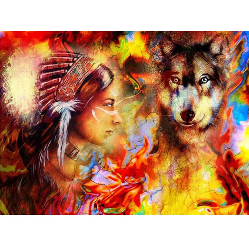 

American Natives Wolf and Woman Diamond Painting DIY 5D Full Diamond Embroidery Square Rhinestones Mosaic Kit Home Decoration