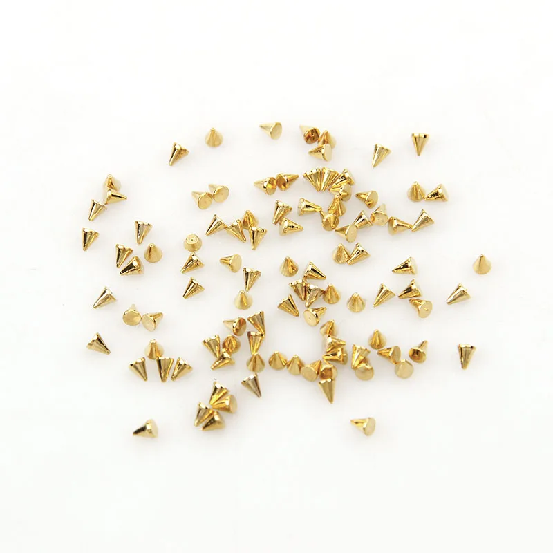 

Hot About 200pcs Gold 1.5mm Metal Nail Art Decoration Circular Cone Star Punk Rock Spikes 3D Rivet DIY Rivet Clinch Bolt 290209