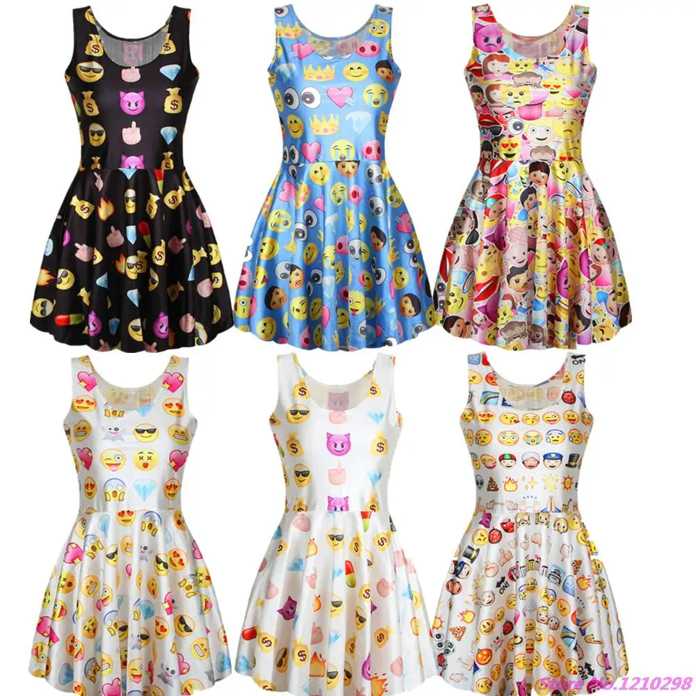 3D Emoji Printed Mini Dress Pleated A line Summer Beach Sundress Cute