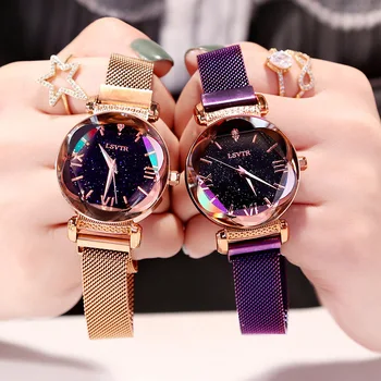 

2019 Luxury Magnetic Buckle Cutting mirror ladies watches flash diamond star fashion network waterproof women watch female clock